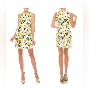 London Times Lemon Print Sheath Dress White Yellow Size 4 Sleeveless Lined